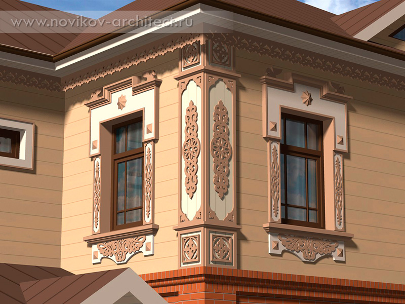 проект фасада коттеджа в русском стиле